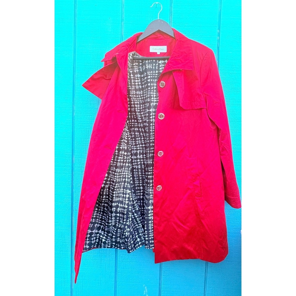 Calvin Klein Dopamine Red‎ Single Breasted Trench Coat Geometric Lining Size L - Picture 7 of 8